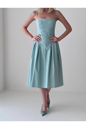 Pile Etek İnce Askılı Korse Formlu  Poplin Kumaş Su Yeşili Midi Elbise