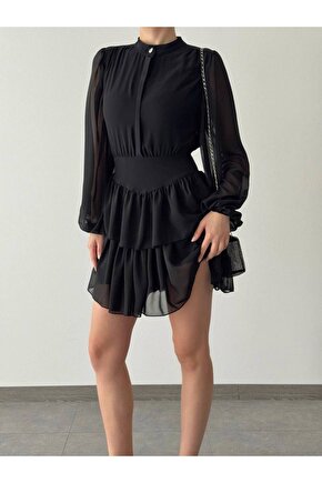 İnci Detay Korse Formlu Kat Etek Mini Boy Şifon Kumaş Siyah Elbise