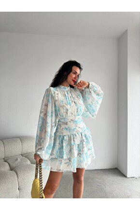 Dik Yakalı Drapeli Sırt Detaylı Çiçek Desenli Mint Yeşili Mini Şifon Elbise