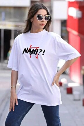 Unisex Bisiklet Yaka Baskılı Oversize Thirt  Beyaz