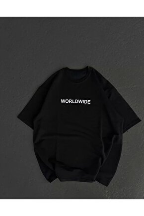 Unisex Bisiklet Yaka Baskılı Oversize Thirt  iyah