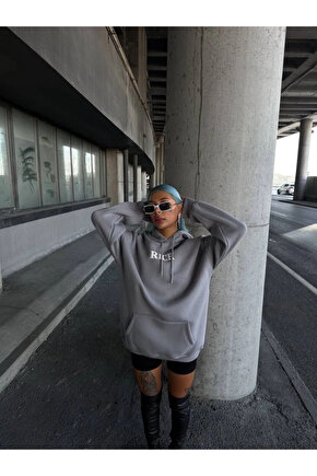 MDB Uzun Kol Kapşonlu Göğüs Baskılı weathirt Gri