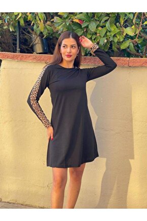 Kadın Uzun Kollu Bisiklet Yaka Kollar Leopar Detay Iki Iplik Mini Boy Elbise