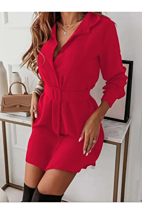 Kadın Uzun Kollu Yakalı Belden Kemerli Kıs Ithal Krep Elbise