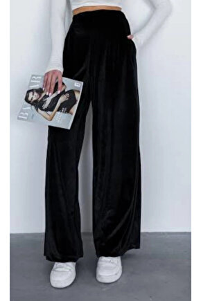 Kadın Yüksek Ben Beli Lastik Detay Kadife Kumaş Bol Paça Pantolon