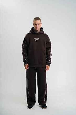 MDB Uzun Kol Kapşonlu Ara Biyeli Baggy Eşofman Takım Kahve