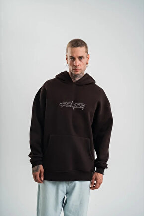 Unisex Üç İplik Kapşonlu Nakışlı SweatShirt - Kahve