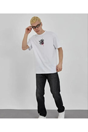 Unisex Bisiklet Yaka Baskılı Oversize T-Shirt - Beyaz