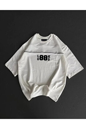 Unisex Bisiklet Yaka Baskılı Oversize T-Shirt - Beyaz