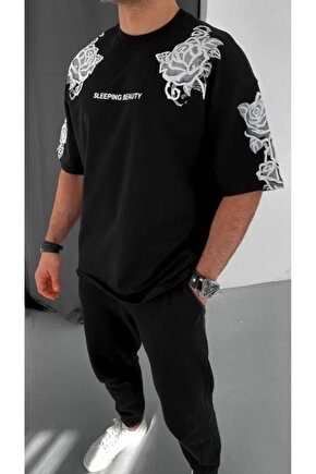 EQURİ Unisex Flok Kabartma Baskılı T-Shirt - Siyah