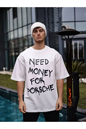 Unisex Bisiklet Yaka Baskılı Oversize T-Shirt - Beyaz