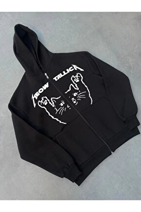 Kışlık Baskılı Fermuarlı Kapüşonlu Hırka - Siyah