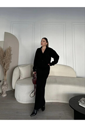 V Yaka 3 Düğmeli Hırka Takım Triko İkili Etekli - Siyah