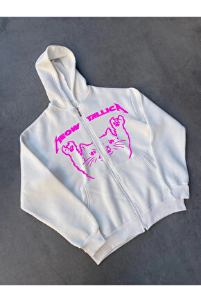 Kışlık Baskılı Fermuarlı Kapüşonlu Hırka - Beyaz