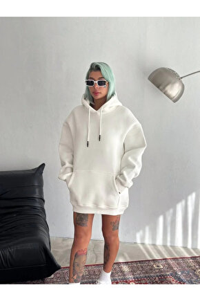 Kapüşonlu Üç İplik Penye Basic SweatShirt - Beyaz