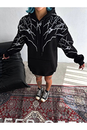 Yıldırım Baskılı Kapşonlu SweatShirt - Siyah