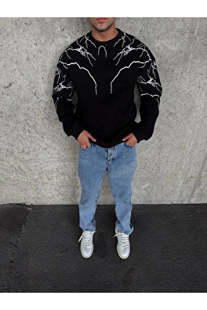 Yıldırım Baskılı Bisiklet Yaka SweatShirt - Siyah