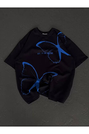 Unisex Bisiklet Yaka Baskılı Oversize T-Shirt - Siyah