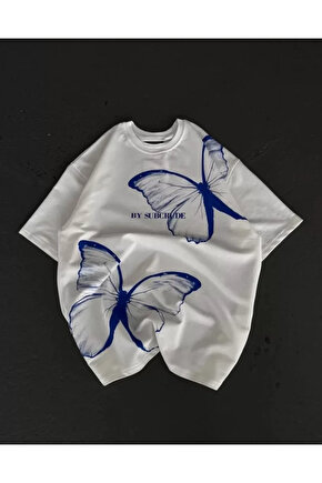 Unisex Bisiklet Yaka Baskılı Oversize T-Shirt - Beyaz