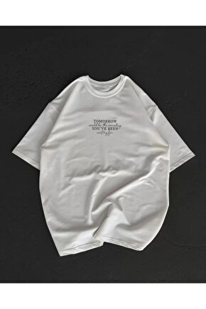 Unisex Bisiklet Yaka Baskılı Oversize T-Shirt - Beyaz
