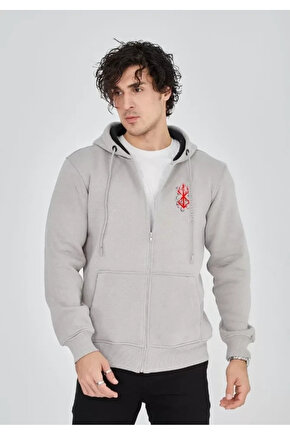 idimilla Unisex Baskılı Tam Fermuarlı Kapşonlu SweatShirt - Boyalı Gri