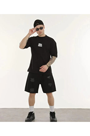 Unisex Bisiklet Yaka Baskılı Oversize T-Shirt - Siyah