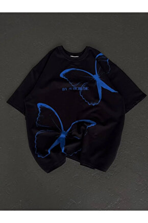 Unisex Bisiklet Yaka Baskılı Oversize T-Shirt - Siyah