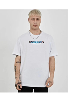 Unisex Bisiklet Yaka Baskılı Oversize T-Shirt - Beyaz