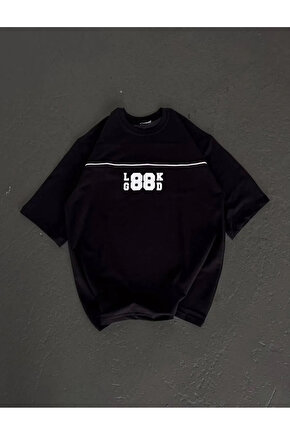 Unisex Bisiklet Yaka Baskılı Oversize T-Shirt - Siyah