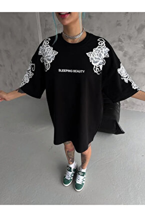 Unisex Flok Kabartma Baskılı T-Shirt - Siyah