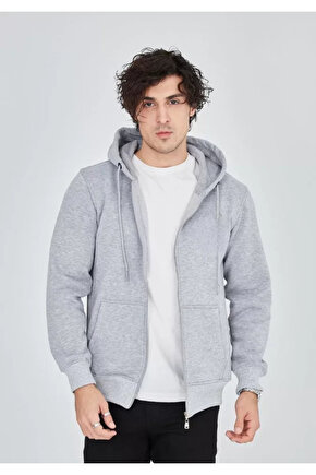 Unisex Tam Fermuarlı Kapşonlu SweatShirt - Gri