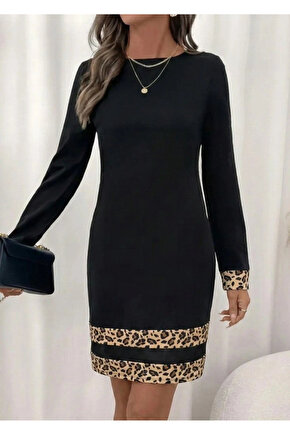 Kadın Uzun Kollu Bisiklet Yaka Mini Ithal Krep Elbise