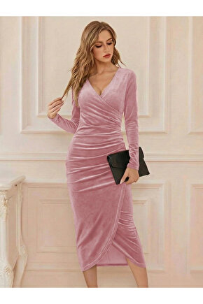 Kadın Uzun Kollu Kruvaze Yaka Belden Büzgü Detay Midi Kadife Elbise