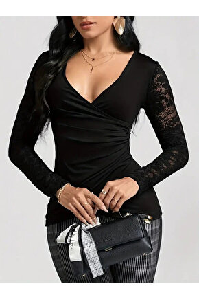 Kadın Uzun Kollu Dantelli Kruvaze Yakalı Yandan Büzgülü Viskon Bluz