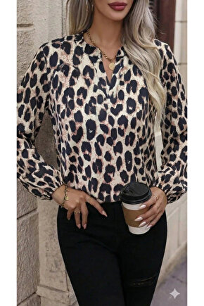 Kadın Uzun Kollu V Hakim Yakalı Leopar Desenli Süprem Bluz