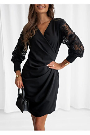 Kadın Uzun Kollu Kruvaze Yakalı önden çapraz Detaylı Kolları çiçek Dantel Detaylı Mini Ithal Krep El