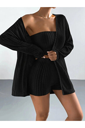 Kadın Uzun Kollu önü Açık şardonlu Kaşkorse Ceket Büstiyer Ve Short üçlü Takım