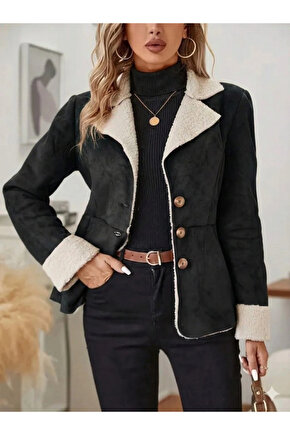 Kadın Uzun Kollu önden Düğmeli Cep Detaylı Kısa Süet Ceket