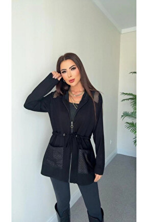 Kadın Uzun Kollu önü Fermuarlı File Detaylı Belden Bağcıklı Kısa Modal Ceket