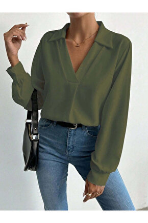 Kadın V Yaka Uzun Kollu Mosskrep Kumaş Bluz
