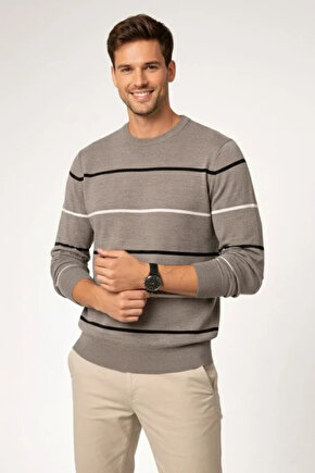 Erkek Bisiklet Yaka Cizgili Triko Kazak Yumuşak Dokulu Pamuklu Ince Dokuma, Uzun Kollu Rahat Regular