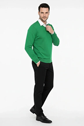 Erkek V Yaka Triko Kazak Yumuşak Dokulu Pamuklu Ince Dokuma, Uzun Kollu Rahat Regular Kalıp - Çimen