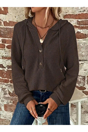 Kadın Uzun Kollu Kapşonlu önü Düğmeli Ve Bağcıklı Waffle Bluz