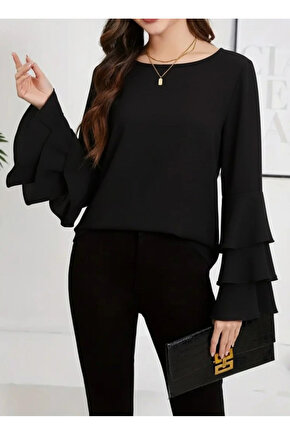 Kadın Uzun Kollu Bisiklet Yaka Kollar İspanyol Volanlı Sandy Bluz