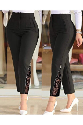Kadın Yüksek Bel önden Nervürlü Ve Fermuarlı Yandan Dantelli Ithal Krep Pantolon