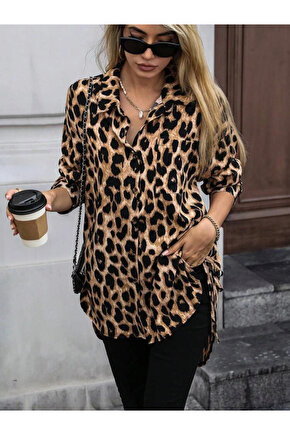 Kadın Uzun Kollu Yakalı önden Düğmeli Yandan Bağcıklı Leopar Desenli Modal Bluz