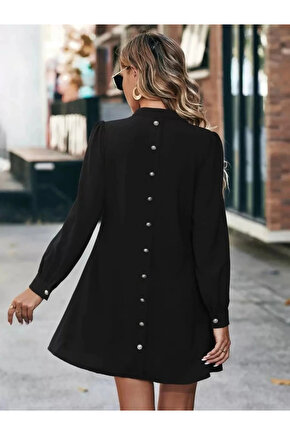 Kadın Uzun Kollu V Yakalı Arkadan Düğmeli Mini Ithal Krep Elbise