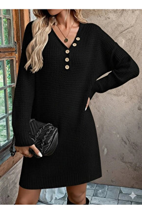 Kadın Uzun Kollu V Yakalı Düğmeli Mini Triko Elbise