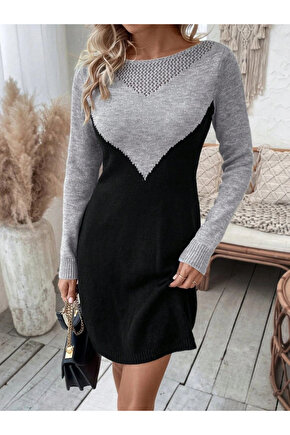 Kadın Uzun Kollu Kayık Yakalı çift Renk Mini Triko Elbise