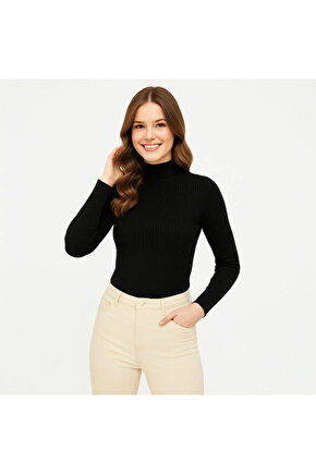 Kadın Tam Boğazlı Fitilli Likrali Koşkorse Badi - Siyah